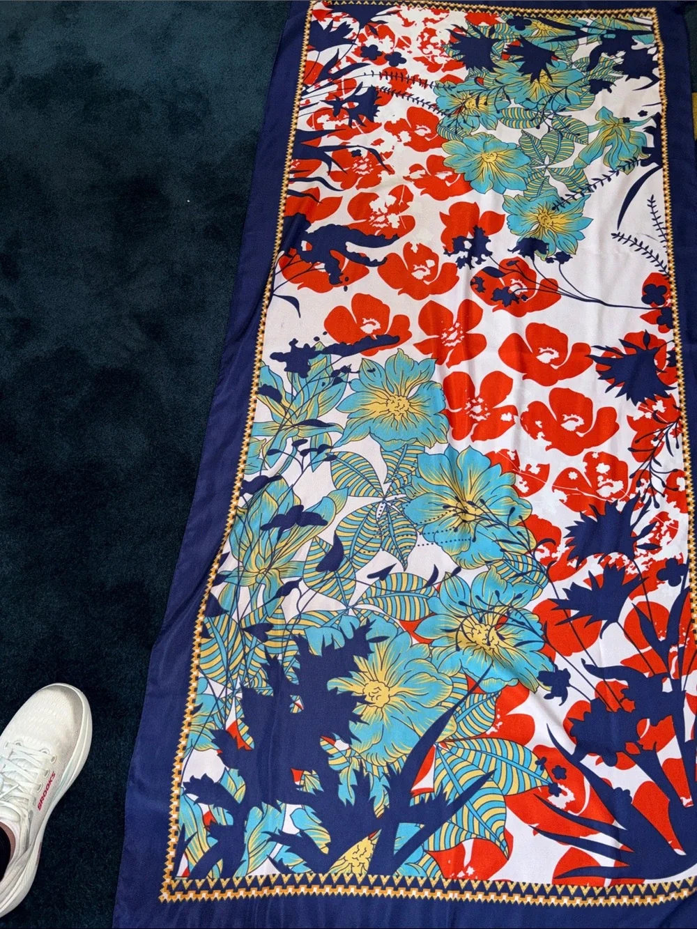 Vibrant Floral Border Scarf in Navy, Red & Teal